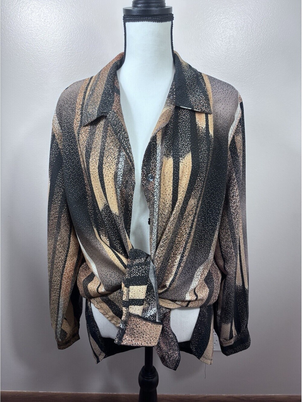 Allison Daley Women’s Shirt Button Down Long-Sleeve Striped Brown Beige